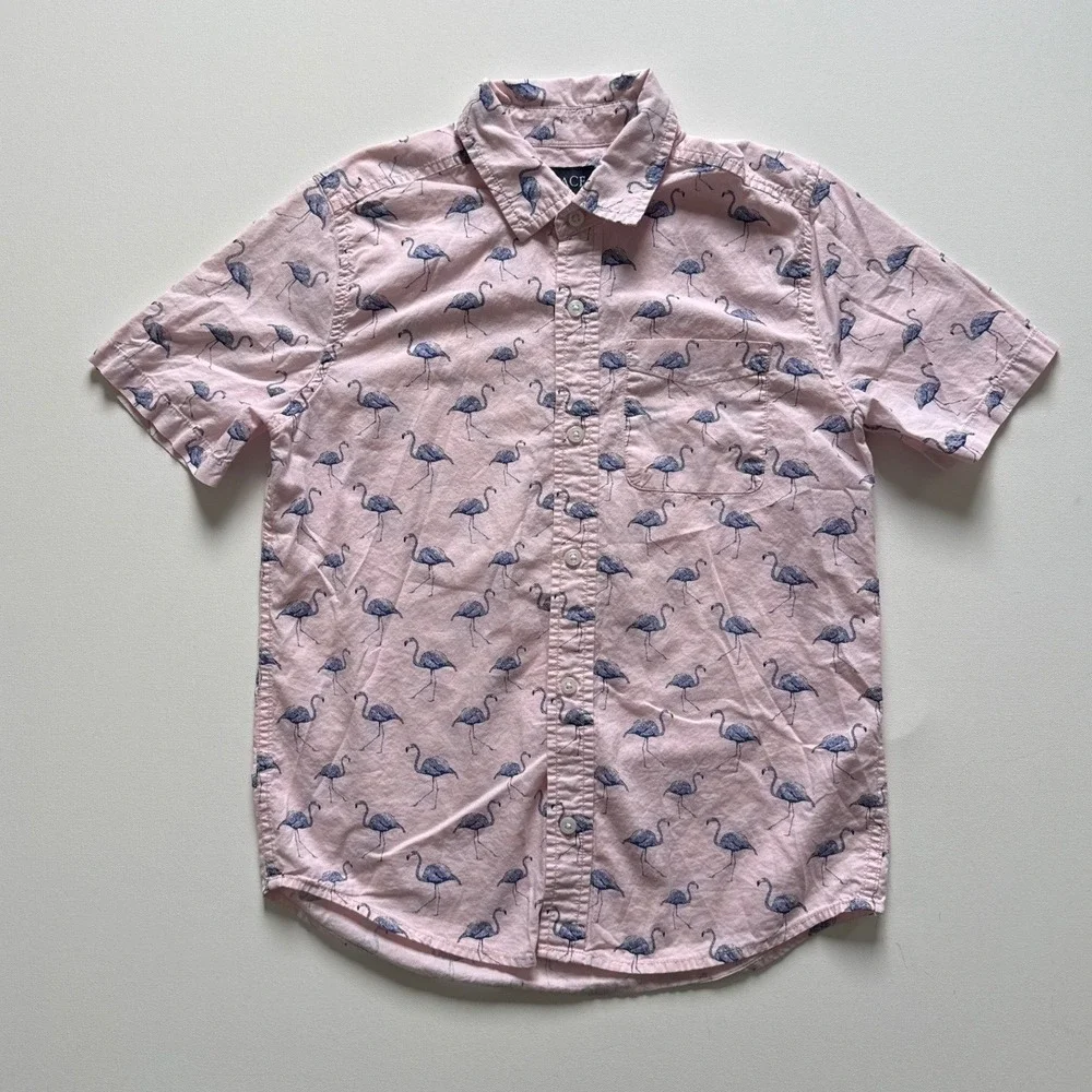 The Childrens Place Boys Pink Flamingo Print  Button Down Shirt 10/12